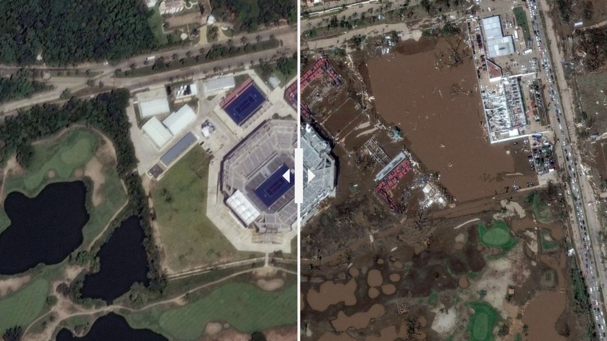 Satelitní snímky ukazují, jak extrémní hurikán zpustošil letovisko v Mexiku